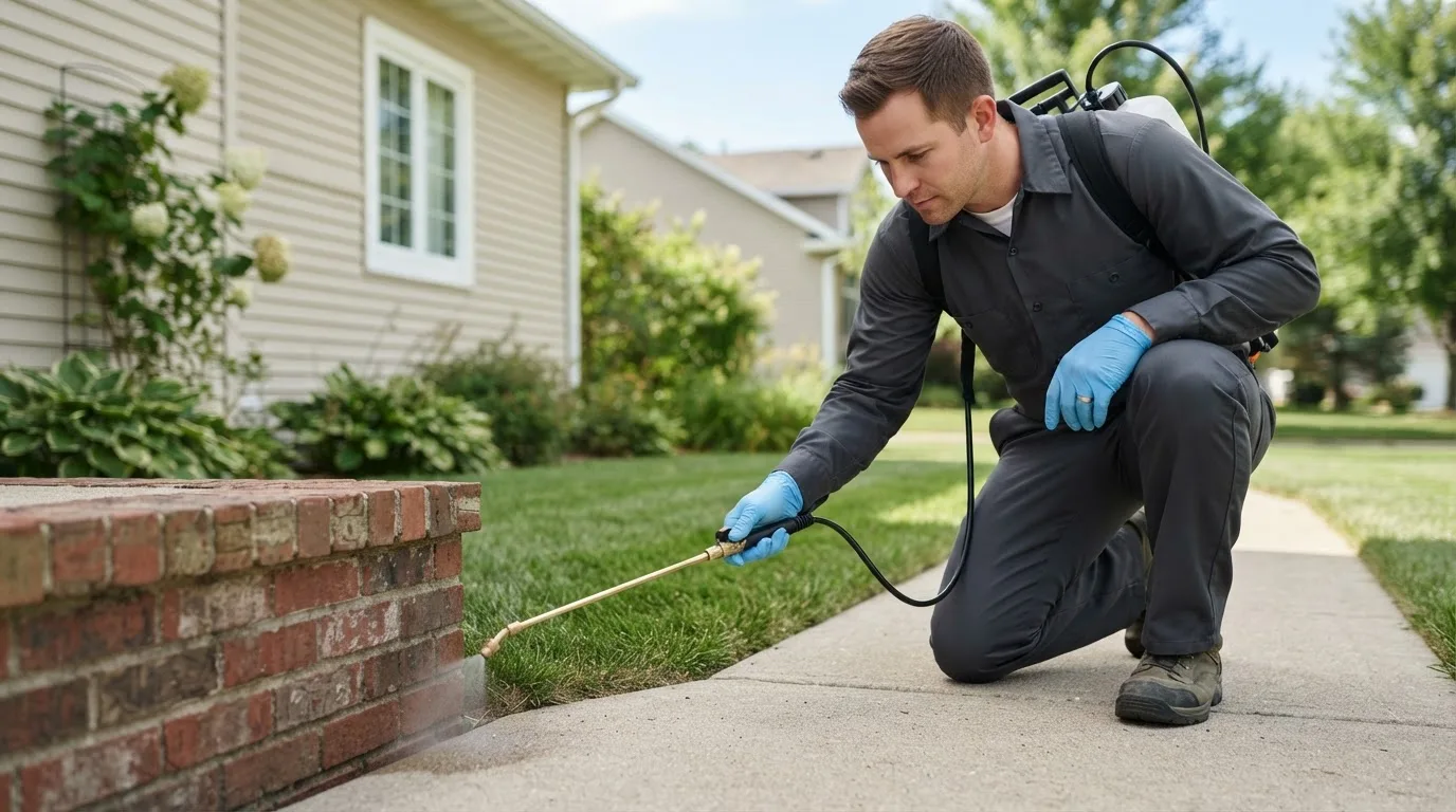 Pest control technician treating a home near Lyndonville, VT